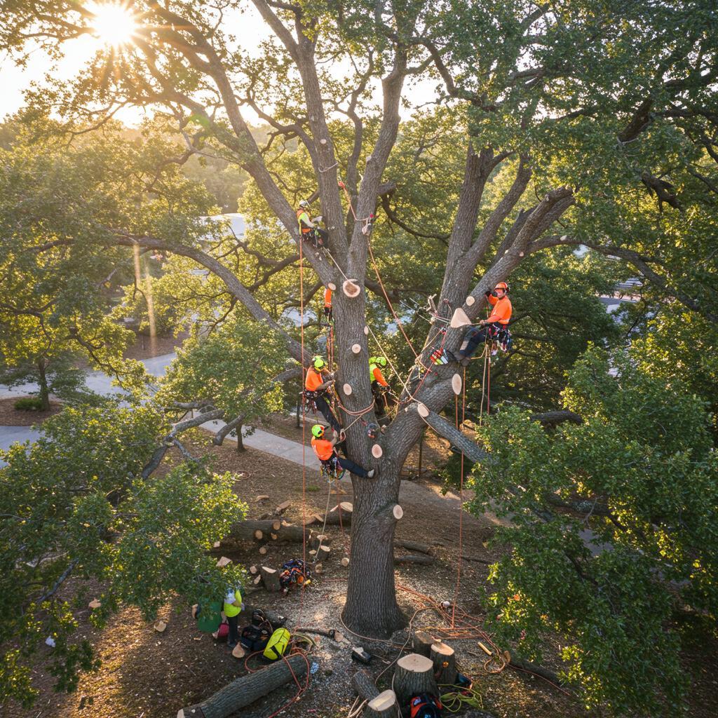 Arborists working on a large tree at sunset — professional tree service in Volusia County