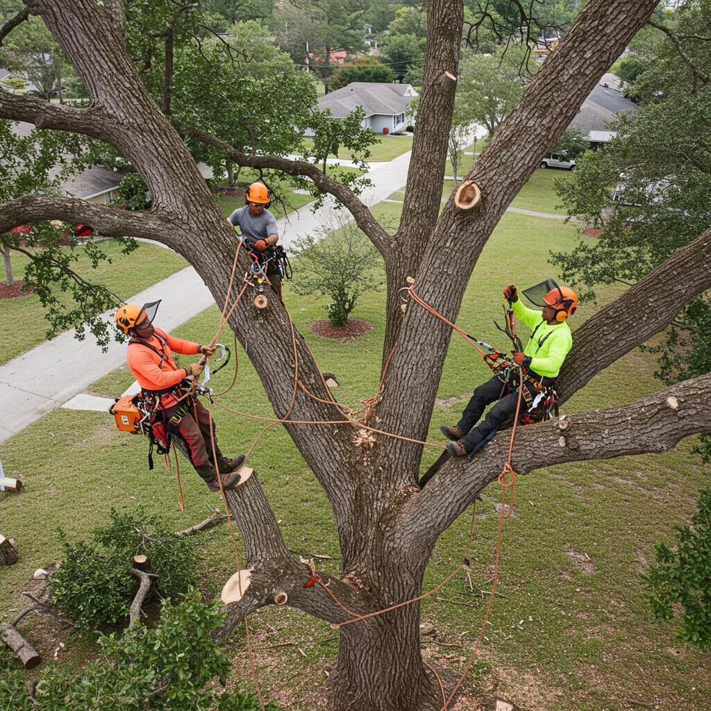 Certified arborist inspecting tree canopy with climbing gear and safety equipment