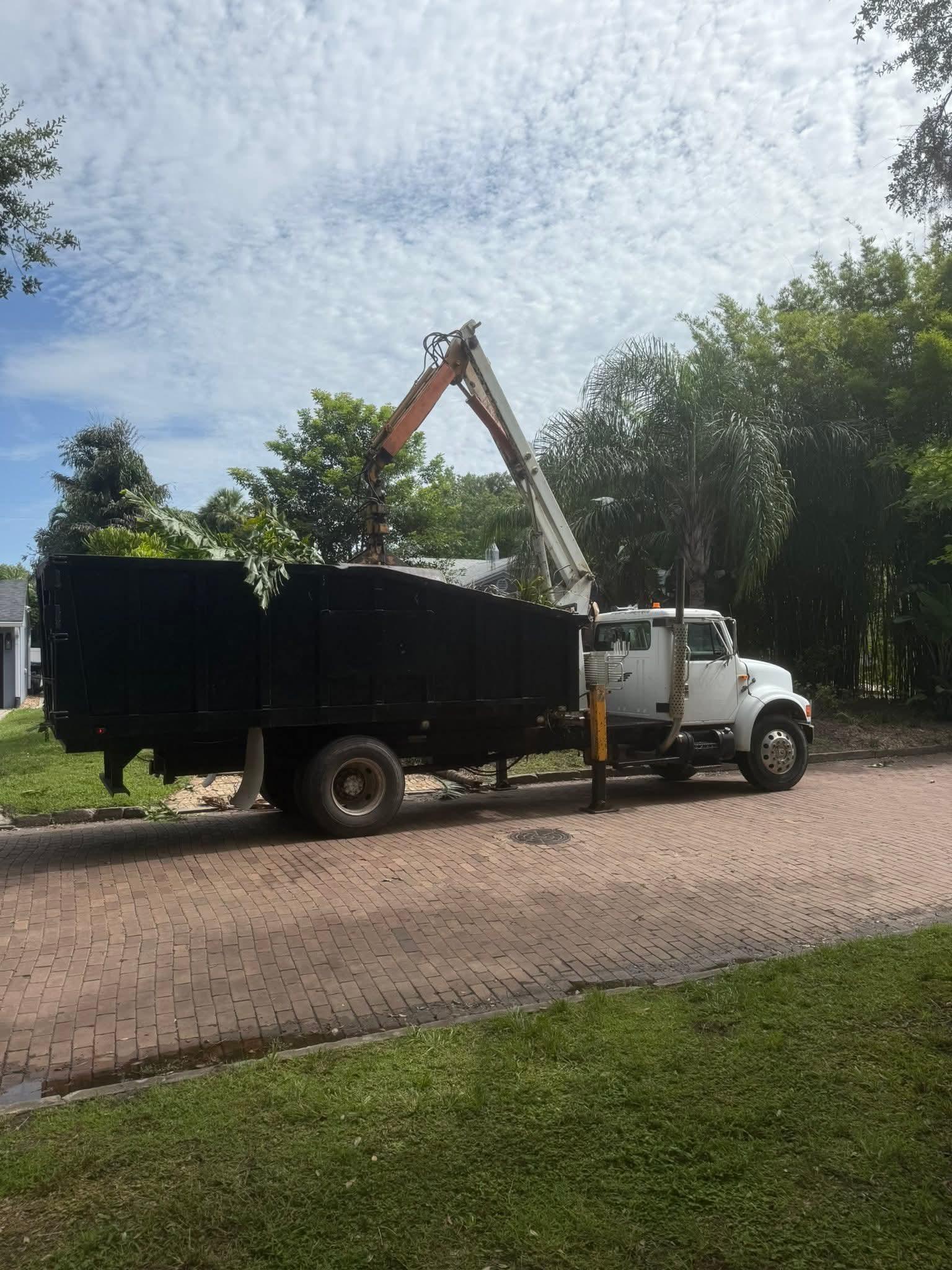 Grapple truck loading tree debris for commercial property cleanup